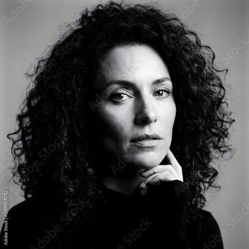 Thoughtful Woman in Black Attire, Studio Setting, Black and White Photography, Introspective Mood