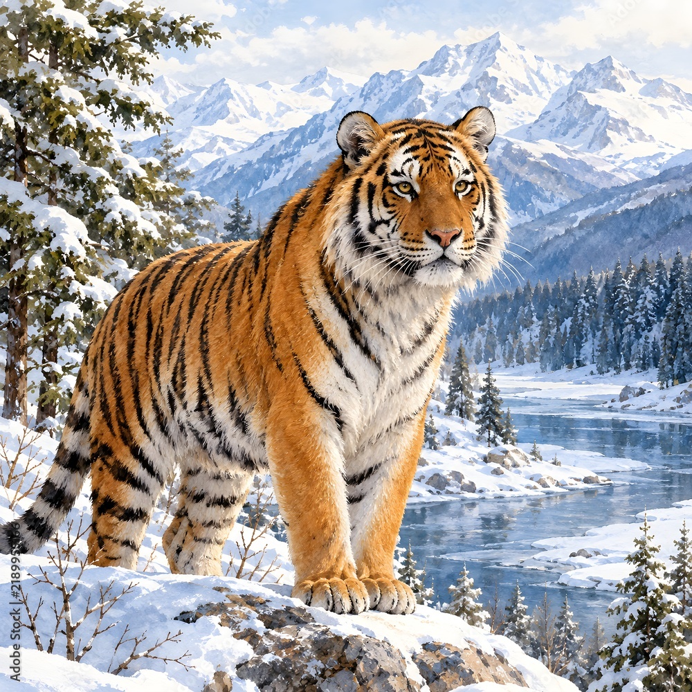 Obraz premium Siberian Tiger in a Snowy Mountain Wilderness