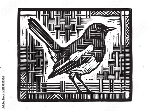 Quadro su tela Woodcut Bird Vector, Ornithological Linocut Print, Decorative Avian Illustration