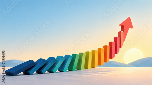 Colorful blocks progress from toppled blue pieces to an ascending red arrow, symbolizing resilience, recovery, and success against a sunlit landscape.