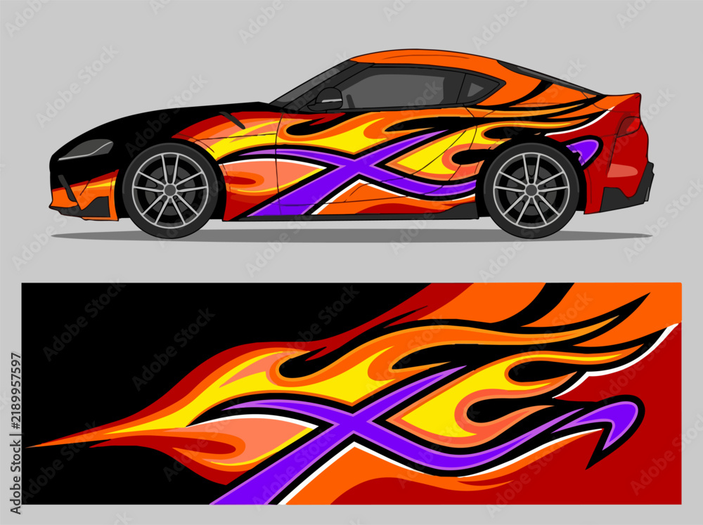 Fototapeta premium Vibrant Flame Design Sports Car with Custom Vinyl Wrap.