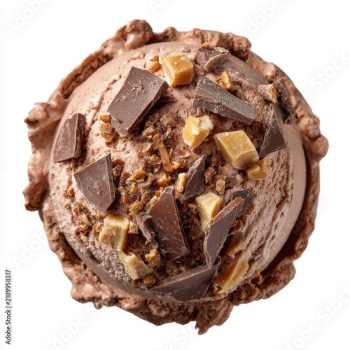 ice cream topped with white chocolate chips   isolated on a white background