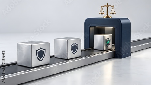 Silver blocks with shield icons passing through an automated compliance scanner topped with justice scales indicating legal verification.