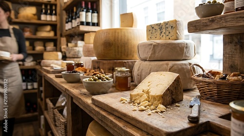 A rustic cheese shop interior featuring a variety of artisanal cheeses, including large wheels and wedges, displayed on wooden shelves and a cutting board