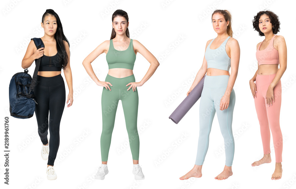 Obraz premium PNG Diverse women modeling activewear outfits on transparent background