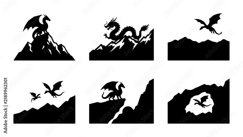Fototapeta premium Dragon Silhouettes, Mythical Creatures on Mountains, Fantasy Landscape Vector Set