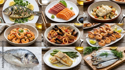 A collage of various seafood dishes including grilled fish, sashimi, shrimp, mussels, pasta, and fresh fish on ice