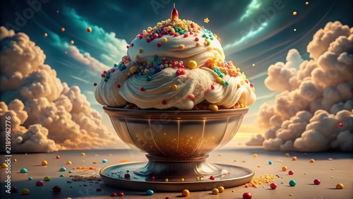 A sundae of creamy indulgence its delicate beauty revealed amidst swirling clouds of sprinkles and a velvety vanilla crown