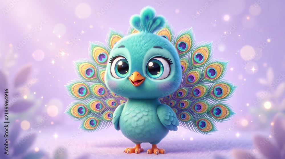 Obraz premium Cute cartoon baby peacock character with vibrant blue feathers standing against a soft purple background