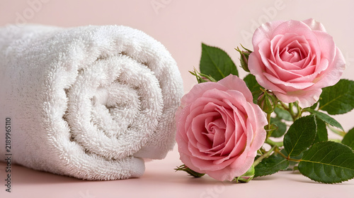 Spa towels and pink roses for wellness and relaxation