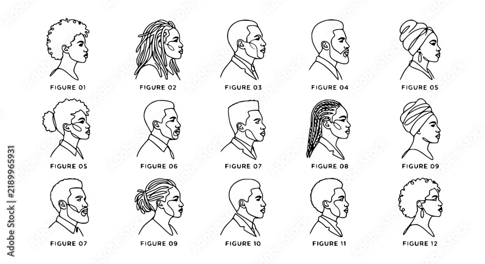 Obraz premium Diverse Black People Profile Silhouettes, Figures 01-12, Line Art