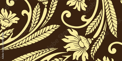 Elegant Yellow Floral Damask Pattern on Dark Brown Background.