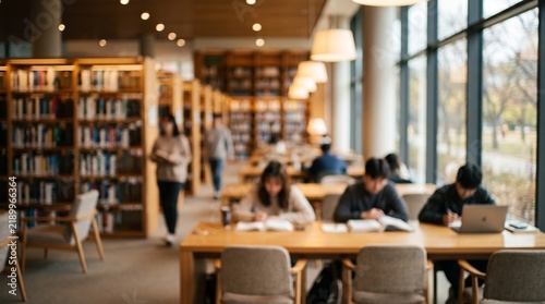 Diverse students studying with books and laptops at wooden tables in a modern university library