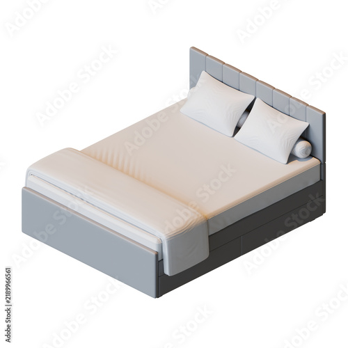 Bild auf Leinwand 3D render of a modern double bed with headboard, pillows, and duvet, isometric v