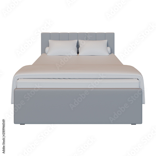 Foto 3D render of a modern double bed with headboard, pillows, and duvet, front view