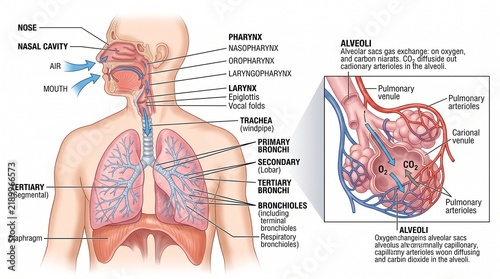Anatomical diagram of the human respiratory system showing air pathway and alveoli gas exchange