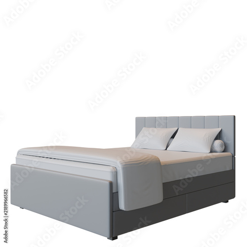 Bild auf Leinwand 3D render of a modern double bed with headboard, pillows, and duvet, side view