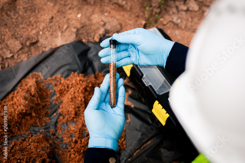Foto Field scientist examining a soil specimen in a test tube for chemical quality and research testing