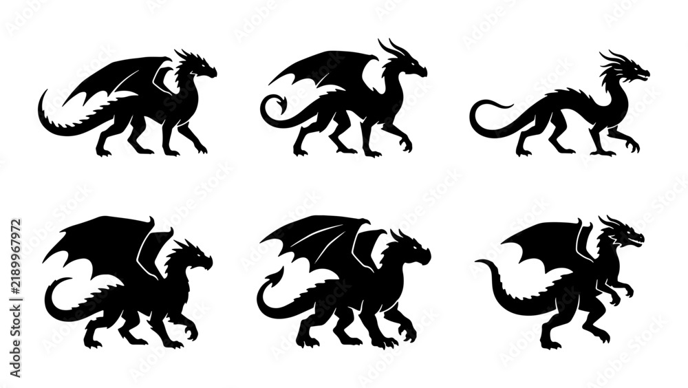Obraz premium Mythical Dragon Silhouettes, Fantasy Creature Icons, Legendary Beast Vector Set
