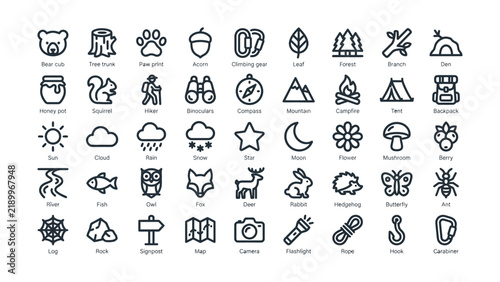 Foto Collection of Minimalist Line Icons Representing Nature Camping Forest Wildlife