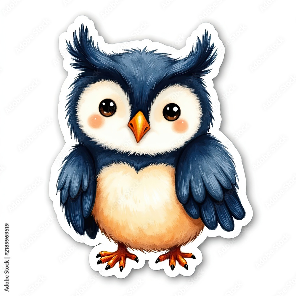 Obraz premium Cute cartoon owl character with large eyes, fluffy feathers, and bright details on a white background