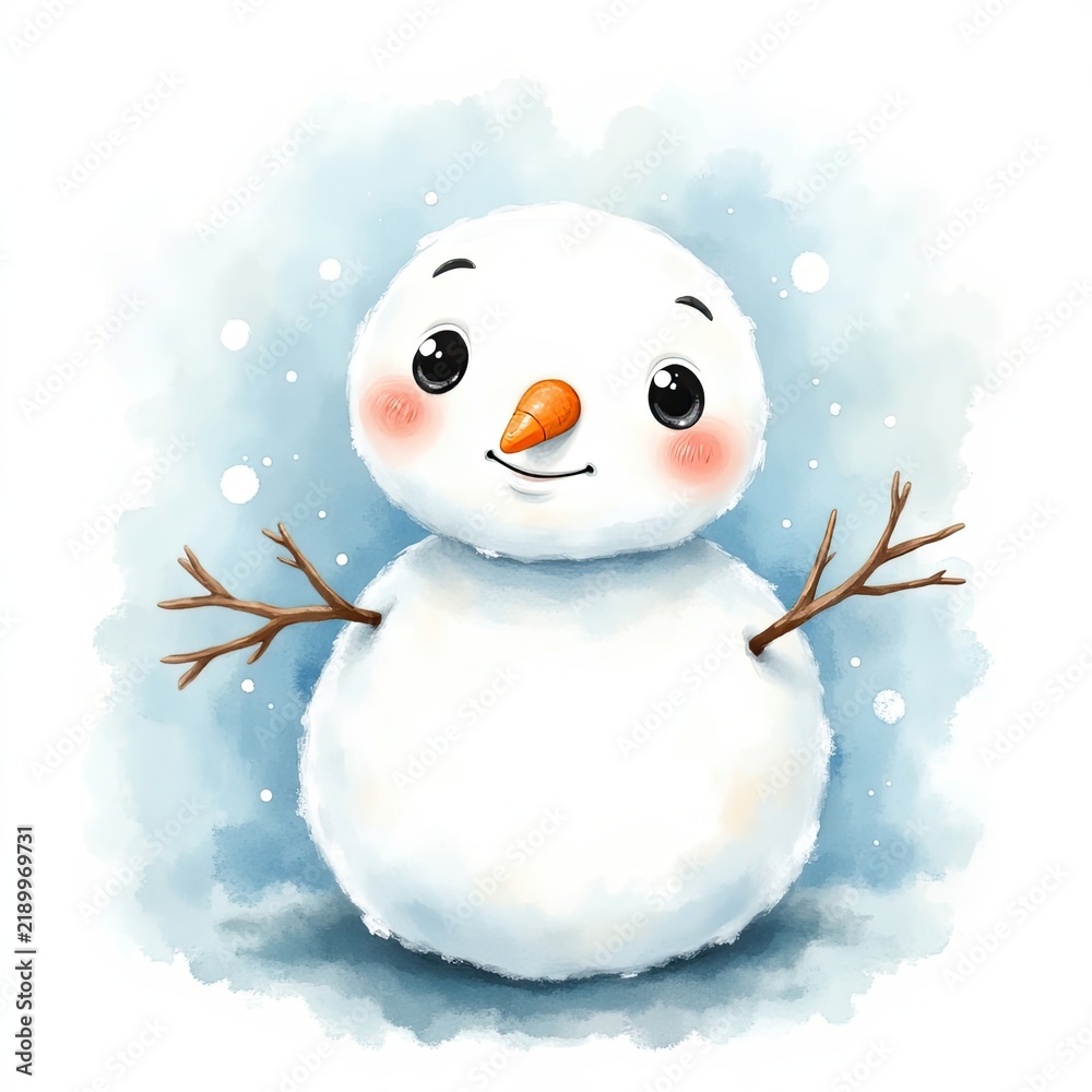 Obraz premium Cute Cartoon Snowman with Carrot Nose and Twig Arms on Blue Winter Background
