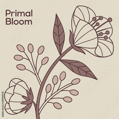 Foto Flowering branch illustration with seeds and primal bloom text botanical illustr