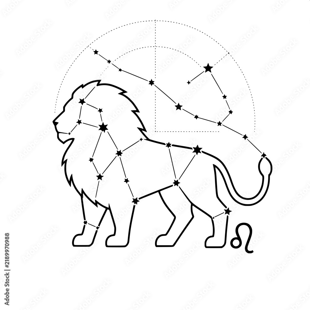 Obraz premium Leo Zodiac Lion Silhouette Constellation Lines Vector