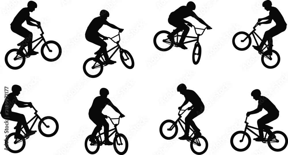 Fototapeta premium Collection of black and white BMX biker silhouettes performing extreme sports tricks and mid air jumps on bicycles