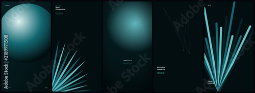 Teal and dark cyan abstract poster templates display three dimensional spheres, radiating spikes, and glowing light.