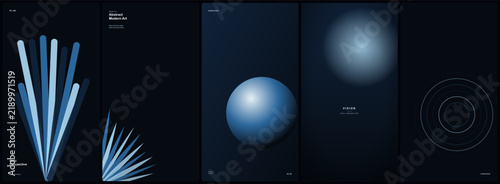 Modern abstract banners present dark blue compositions with dynamic vertical tubes, glowing spheres, and sharp rays.