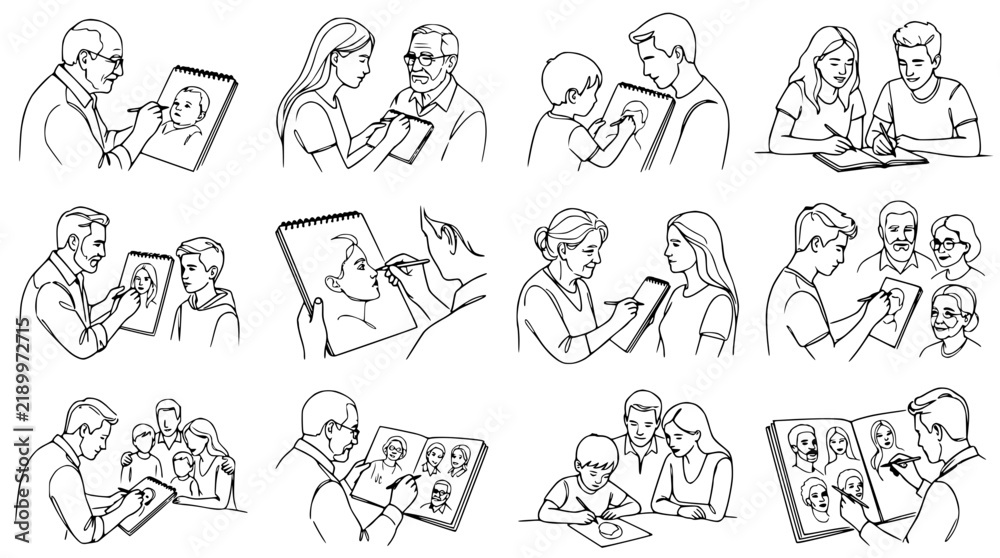 Fototapeta premium Diverse People Posing for Artists Drawing Portraits in Sketchbooks, Isolated