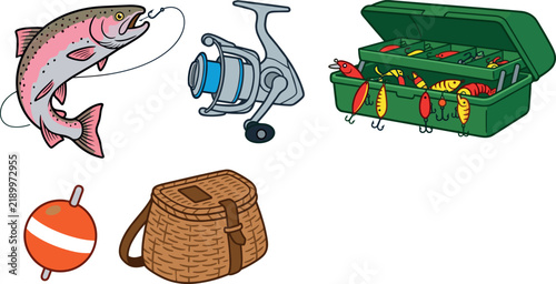 Foto Fishing Equipment Icon Set with Trout Fish on Hook, Reel, Tackle Box with Lures,