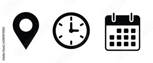 Date time location notification icon set for address, calendar, clock, bell alerts, reminders, schedules, and events