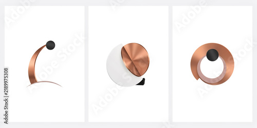 Minimalist abstract sculptures with copper arcs and black spheres on white background