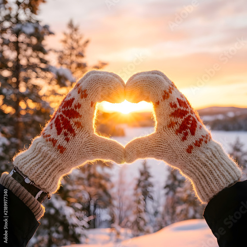 Hands in Wool Mittens Forming a Heart Shape Against Winter Sunset