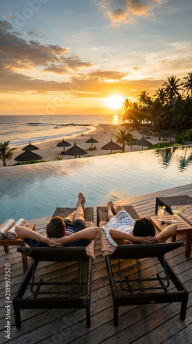 Couple Relaxing on Sun Loungers by an Infinity Pool at Golden Sunset