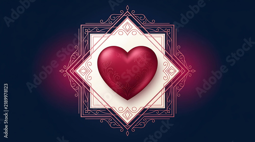 Red 3D heart symbol centered inside an ornate vintage geometric frame background