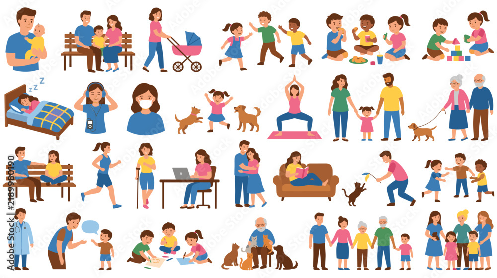 Fototapeta premium Diverse group of people enjoying various family activities and daily life scenes.