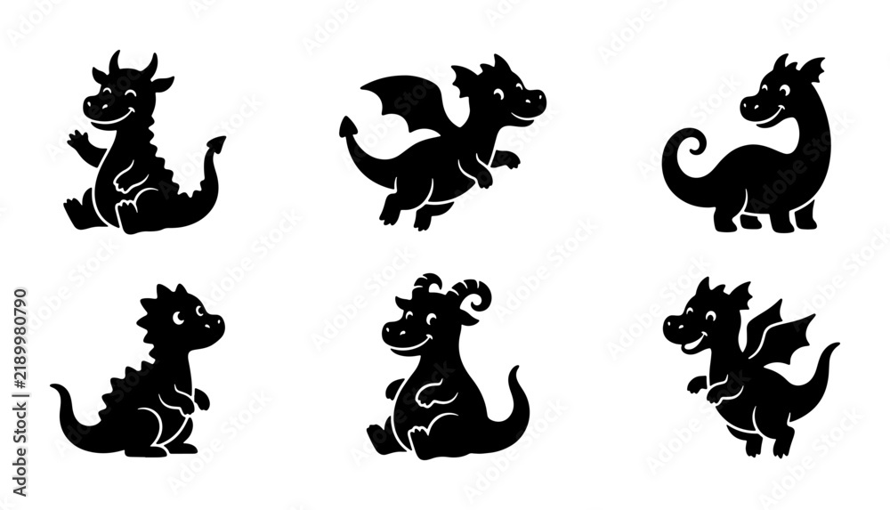 Fototapeta premium Cute Dragon Silhouettes Vector Set, Mythical Creature Icons, Fantasy Animal Graphics, Children's Illustration Elements