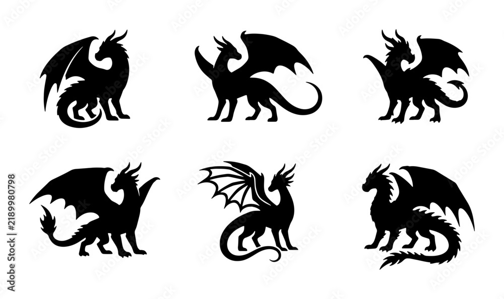 Fototapeta premium Dragon Silhouettes Set, Mythical Creature Vector Icons, Fantasy Beast Graphics, Black Fantasy Art
