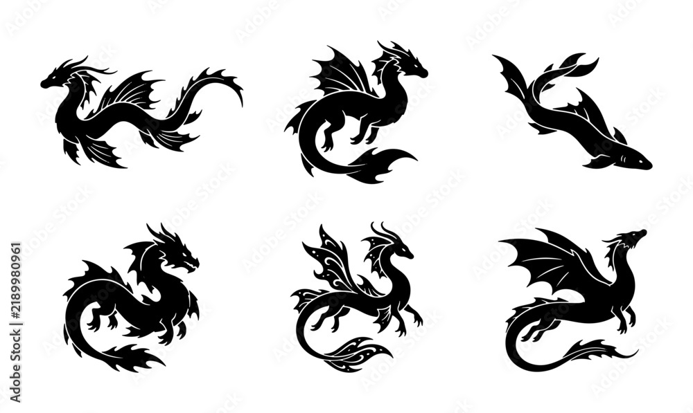 Fototapeta premium Mythical Dragon Silhouettes, Fantasy Creature Icons, Ancient Beast Vector Set, Black and White