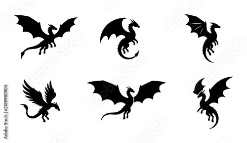 Mythical Dragon Silhouettes Collection, Fantasy Creature Vector Icons, Dark Fantasy Art Elements