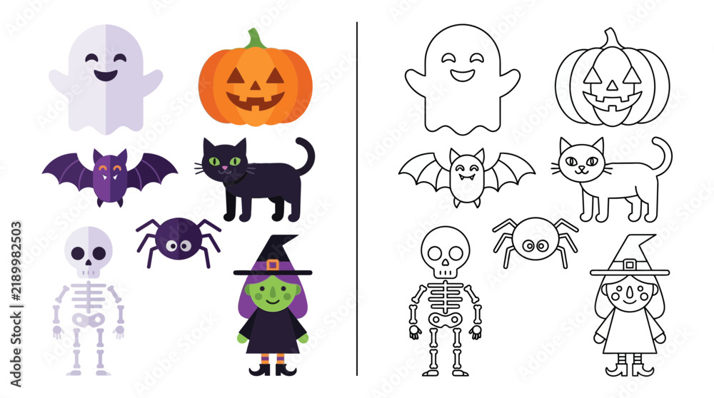 Obraz premium Halloween Icons Set: Ghost, Pumpkin, Cat, Witch, Skeleton, Bat, Spider - Color & Outline