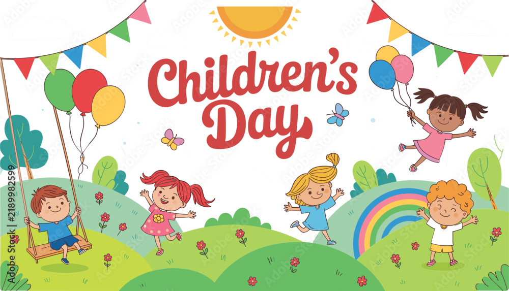 Fototapeta premium Children's Day Celebration Illustration, Happy Kids Playing Outdoors with Balloons Rainbow Swing and Colorful Decorations