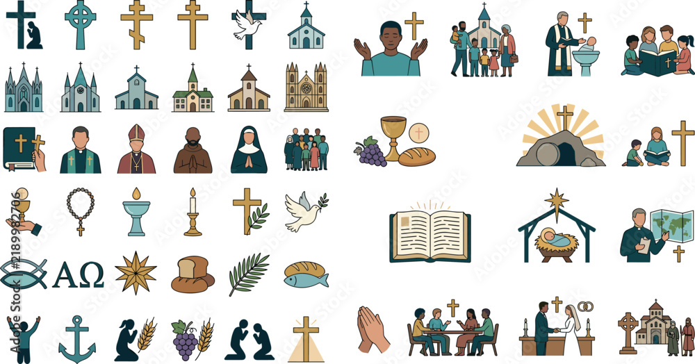 Obraz premium Vector mega collection of Christian religion icons church buildings bible scripture elements and faith community characters