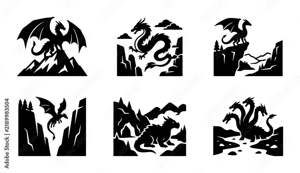 Fototapeta premium Mythical Dragon Silhouettes, Fantasy Creatures Vector Icons, Legendary Beasts Set