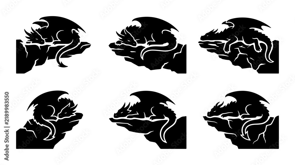 Obraz premium Mythical Dragon Silhouettes, Fantasy Creature Icons, Ancient Legend Vector Art, Dark Fantasy Character Set