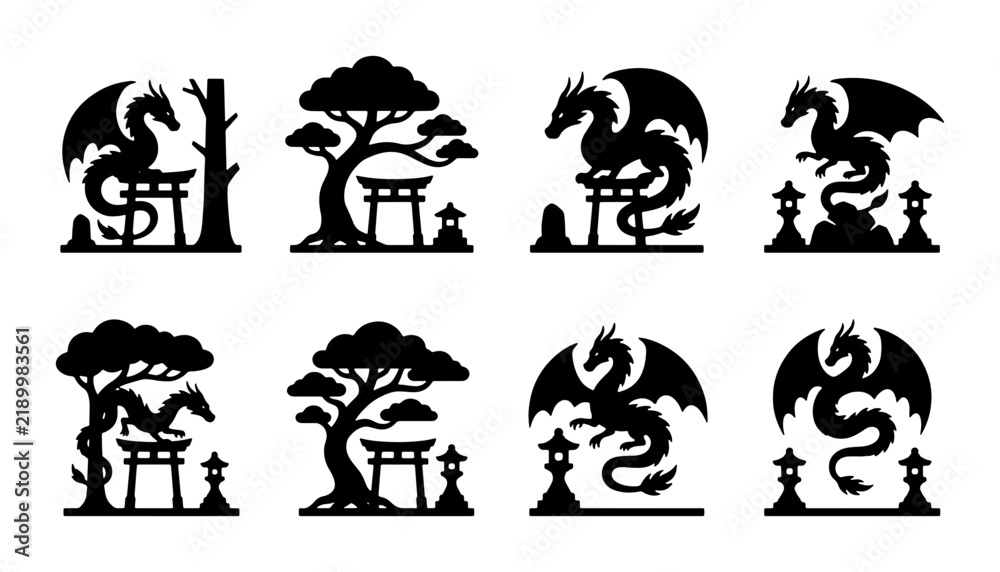 Obraz premium Dragon Silhouette Set, Japanese Torii Gate & Bonsai Tree Icons, Mythical Creature Vector Graphics