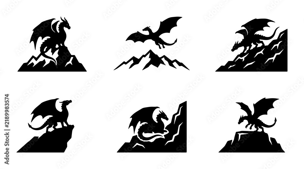 Fototapeta premium Dragon Silhouettes, Mythical Creatures, Fantasy Icons, Set of 6 Vector Graphics